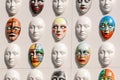 Carnival masks hanging on wall boards lie Royalty Free Stock Photo