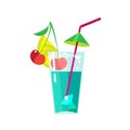 Fruit cocktail in transparent glass with straw, cherry, lemon, ice. Royalty Free Stock Photo