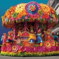 Carnival: A Parade Float Covered in Vibrant Flowers and Decorations, Surrounded by People in Elaborate Costumes