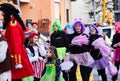 carnival parade, people in masks parading through the streets photographed in ScorzÃâ in the province of Venice.
