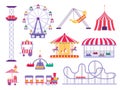 Carnival park attraction ride, train, roller coaster and horse carousel. Amusement fair, tent, cars and swings. Cartoon Royalty Free Stock Photo
