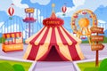 Carnival park. Circus marquee. Ferris wheel. Fair game theme. Children candy booth and amusement tent. Ride at Royalty Free Stock Photo