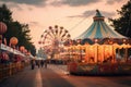 Carnival in the park at sunset. Amusement park, colorful summer carnival at dusk, AI Generated Royalty Free Stock Photo