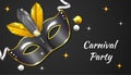 Carnival Party background with 3d realistic mask, ribbon and feather, in black and gold color