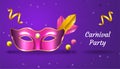 Carnival Party background with 3d realistic mask, ribbon and feather, in pink and gold color