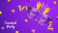 Carnival Party background with 3d realistic mask, ribbon and feather, in purple and gold color