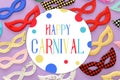 carnival party celebration concept with collection of colorful masks over purple wooden background. Top view. Flat lay.