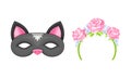 Carnival or party face mask and headband set. Mask of black cat and rim decorated with flowers cartoon vector Royalty Free Stock Photo