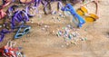 Carnival party. Glasses, confetti and serpentines on wooden background, top niew Royalty Free Stock Photo