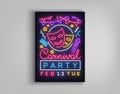 Carnival party poster in neon style. Neon sign, design template, bright brochure, night light poster. Bright neon