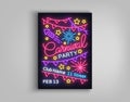 Carnival party poster in neon style. Neon sign, design template, bright brochure, night light poster. Bright neon