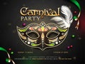 Carnival party poster or template design with decorative mask and time, venue details.