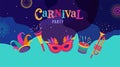 Carnival, party, Rio Carnaval, Purim background with confetti, music instruments, masks, clown hat and fireworks. Vector