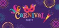 Carnival, party, Rio Carnaval, Purim background with confetti, music instruments, masks, clown hat and fireworks. Vector