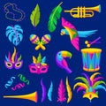 Carnival party set of celebration icons, objects and decor. Mardi Gras illustration for traditional holiday. Royalty Free Stock Photo