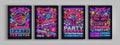 Carnival party is set of posters in neon style. Collection of neon signs, design template, brochure, glowing poster