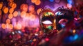 Carnival Party - Venetian Mask With Abstract Defocused Bokeh Lights And Shiny Streamers - Masquerade Disguise Concept, generative Royalty Free Stock Photo