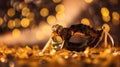 Carnival Party - Venetian Mask On Yellow Satin With Shiny Streamers On Abstract Defocused Bokeh Lights, generative ai Royalty Free Stock Photo