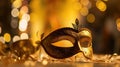 Carnival Party - Venetian Mask On Yellow Satin With Shiny Streamers, generative ai Royalty Free Stock Photo