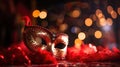 Carnival Party - Venetian Masks On Red Glitter With Shiny Streamers On Abstract Defocused Bokeh Lights with copy space for text, Royalty Free Stock Photo