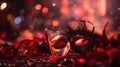 Carnival Party - Venetian Masks On Red Glitter With Shiny Streamers On Abstract Defocused Bokeh Lights, generative ai Royalty Free Stock Photo