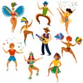 Carnival people. Happy dancing men and women in bright costume and playing latin festive music party, fun carnival