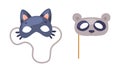 Carnival photo booth party objects set. Cat and panda bear masks cartoon vector illustration