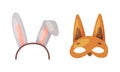 Carnival photo booth party objects set. Rabbit ears headband and squirrel mask cartoon vector illustration