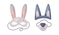 Carnival photo booth party objects set. Rabbit and wolf carnival masks cartoon vector illustration