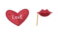 Carnival photo booth party objects set. Red heart and lips on stick cartoon vector illustration