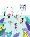 Carnival Poster, Banner, Brochure with Dancing Character People. Masqeurade Party Elements with Festive Symbols