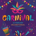 Carnival poster design with dark geometric background. Rio Carnival colorful inscription with mask, garland and drum