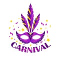 Carnival Poster. Mask with feathers isolated on white background. Carnival masquerade template for your design. Vector Royalty Free Stock Photo