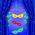 Carnival poster template to open the curtain with masks, streamers