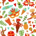 Carnival seamless pattern. Festive people, brazil festival girls. Brazilian dancers in bikini and feathers. Beach party