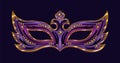 Carnival shiny purple mask decorated with golden beads