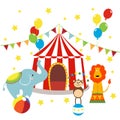 Carnival with striped tents, cheerful circus, elephant, lion and monkey. Royalty Free Stock Photo