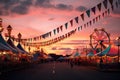 Carnival at sunset. Ferris wheel and fairground rides, colorful summer carnival at dusk, AI Generated Royalty Free Stock Photo