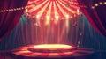 Carnival tent with round arena scene, amusement show. Red theater curtain with podium and spotlight illustration Royalty Free Stock Photo