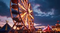the carnival at twilight, featuring the iconic Ferris wheel illuminated against the darkening sky