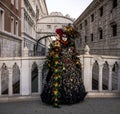 Carnival of Venice 2023 Italy Portrait of Black Dress Costume with Colorful Feathers at the Bridge of Sighs