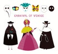 Carnival of Venice people in costumes, masks collection