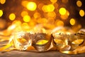 carnival yellow mask on a golden background with bokeh. Masquerade concept, mardi gras. banner, greeting card