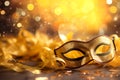 carnival yellow mask on a golden background with bokeh. Masquerade concept, mardi gras. banner, greeting card