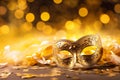 carnival yellow mask on a golden background with bokeh. Masquerade concept, mardi gras. banner, greeting card