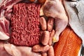 Carnivore diet or low carb diet background concept. Raw animal meat products beef, minced pork and sausages, chicken Royalty Free Stock Photo