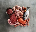 Carnivore diet or low carb diet background concept. Raw animal meat products beef, minced pork and sausages, chicken Royalty Free Stock Photo