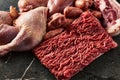 Carnivore diet or low carb diet background concept. Raw animal meat products beef, minced pork and sausages, chicken Royalty Free Stock Photo