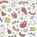 Carnivore diet seamless pattern. Food pattern with pork, meat, shrimp, egg, cheese, sausage, fish, steak, rosemary. Healthy food.