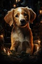 A fawn carnivore dog breed with whiskers sits near candles in a dimly lit room